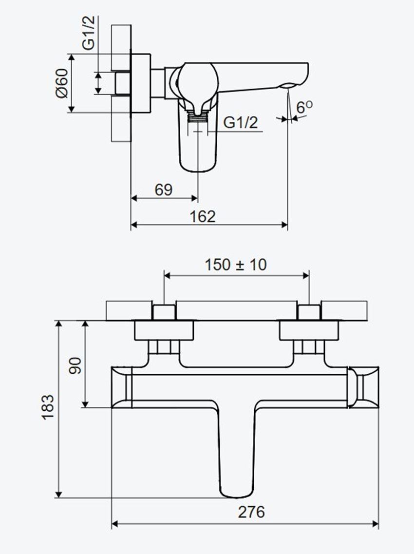 Bateria wannowo-prysznicowa Excellent Clever 2.0 AREX.4105AB rys techniczny