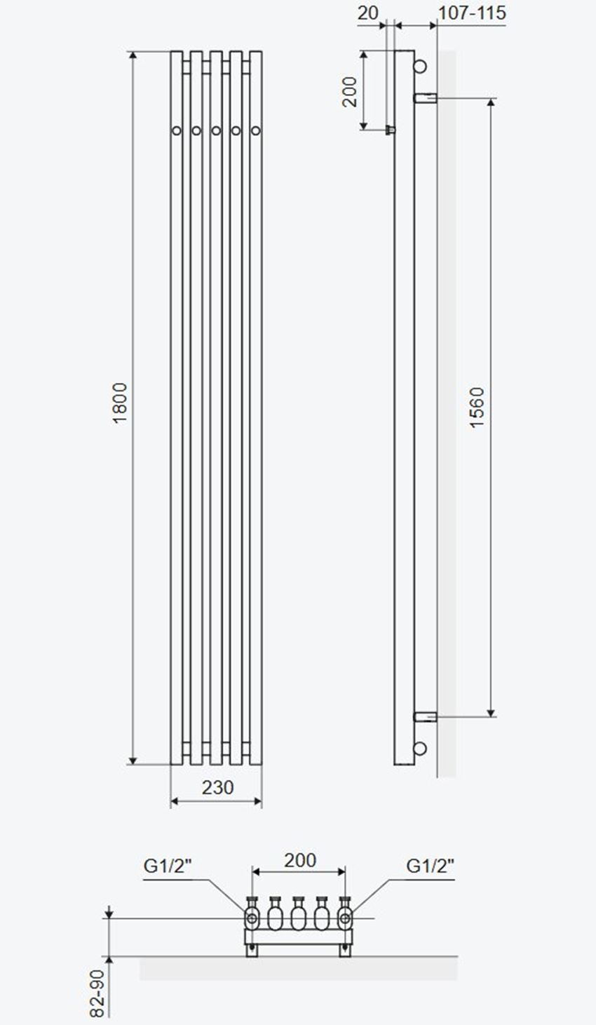 Grzejnik łazienkowy Excellent Verdi GREX.VE180.23.5SP.BL rys techniczny