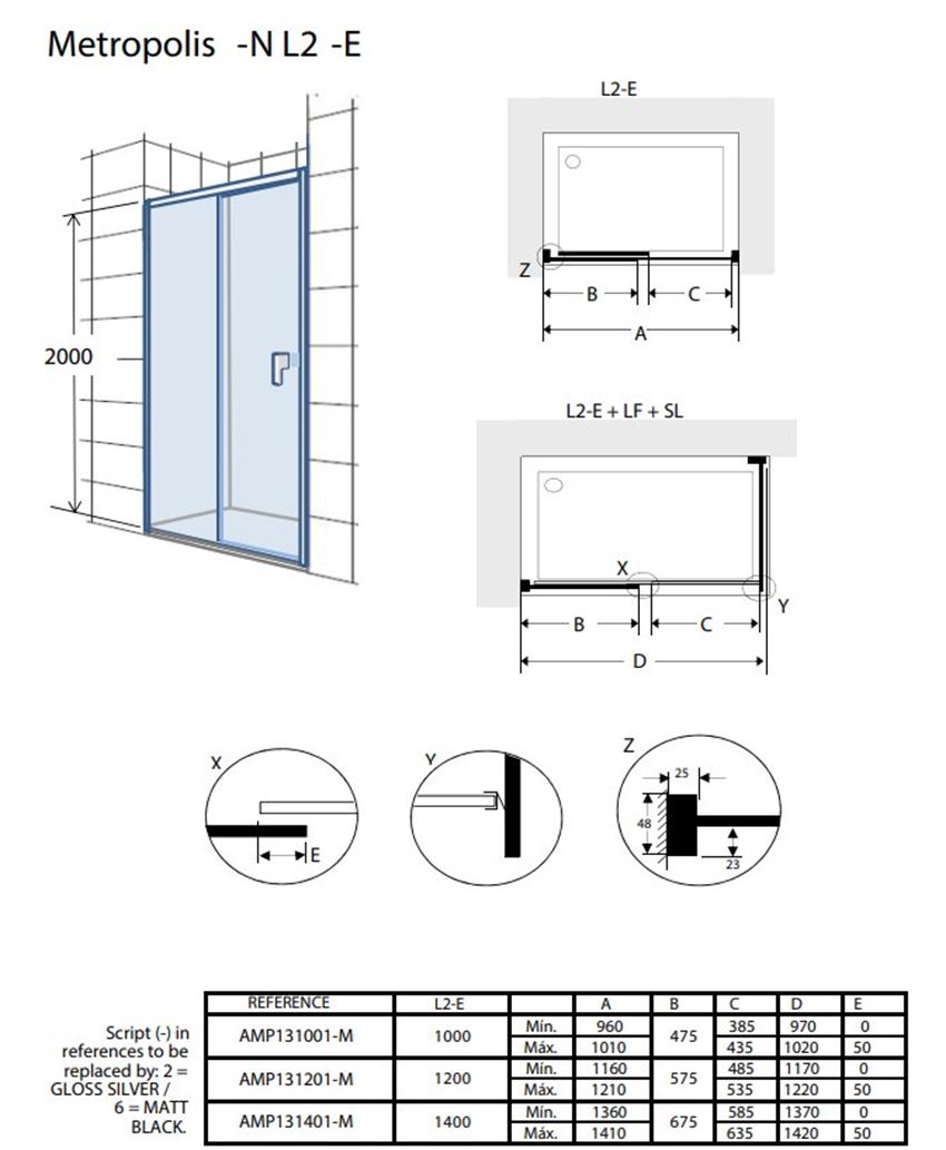 Drzwi przesuwne Roca Metropolis-N AMP1314016M rys techniczny