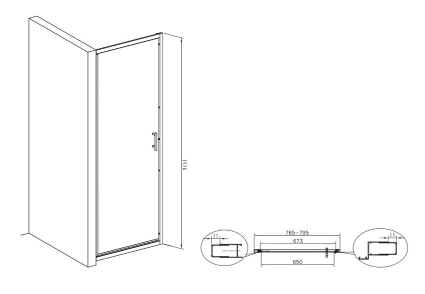 Drzwi prysznicowe Roca Town-N AMP2708012M rys techniczny