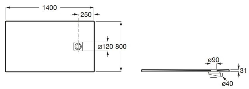 Brodzik prostokątny Roca Magma APE0157832003100 rys techniczny