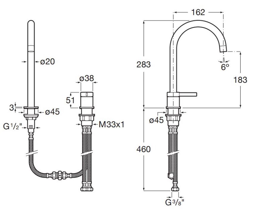 Bateria umywalkowa Roca Ona A5A389ECN0 rys techniczny
