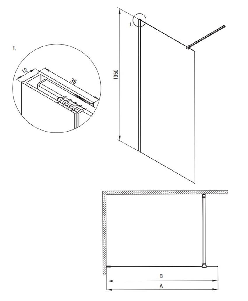 Kabina walk-in Deante Prizma KTJ N37P rys techniczny