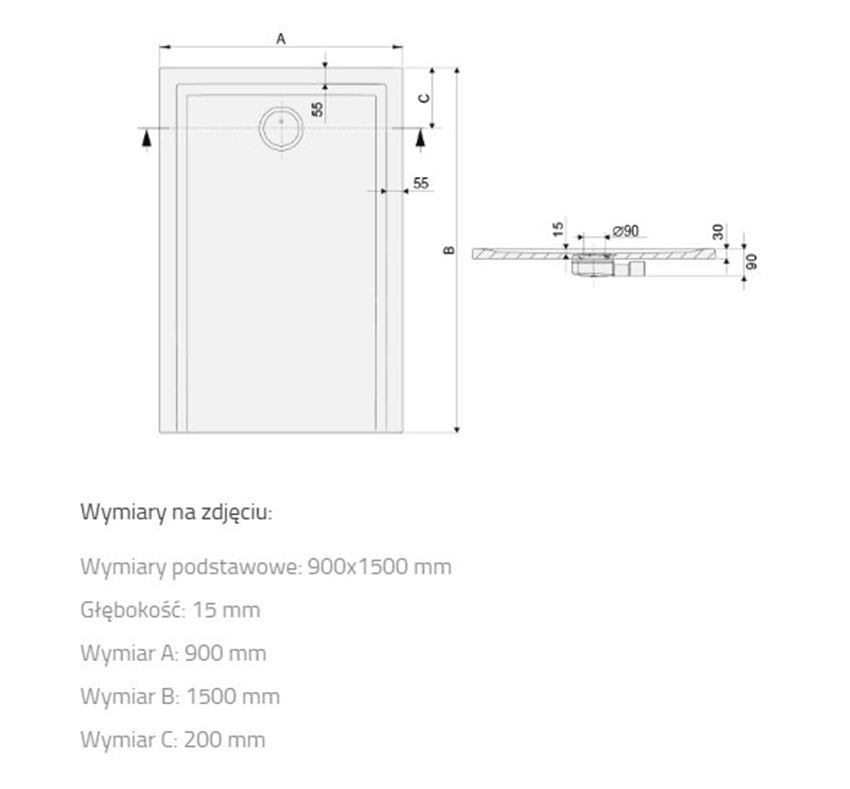 Brodzi prostokątny Sanplast Space Mineral 645-410-0580-01-002 rys techniczny