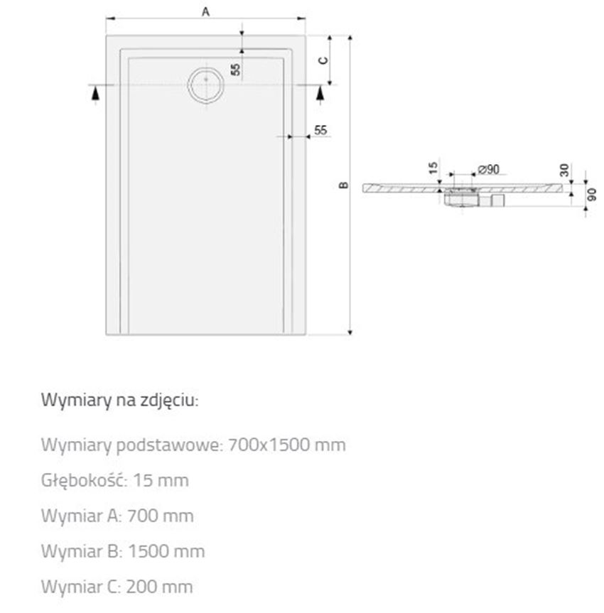 Brodzik Sanplast Space Mineral 645-410-0180-01-000 rys techniczny
