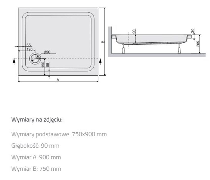 Brodzik Sanplast Free Line 615-040-0110-01-000 rys techniczny