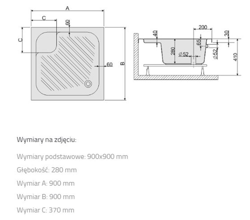 Brodzik kwadratowy Sanplast Classic 615-010-0250-01-000 rys techniczny