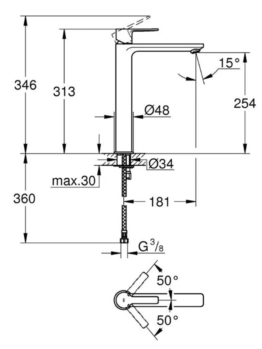 Bateria umywalkowa Grohe Lineare 23405DL1 rys techniczny