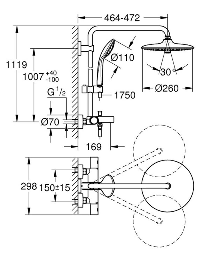 System prysznicowy Grohe Euphoria System 260 26114002 rys techniczny