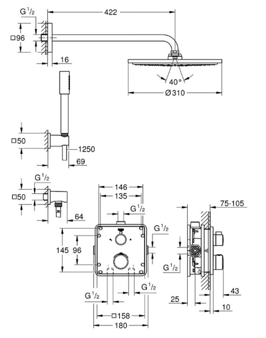 Zestaw prysznicowy Grohe Rainshower Cosmopolitan 310 34730000 rys techniczny