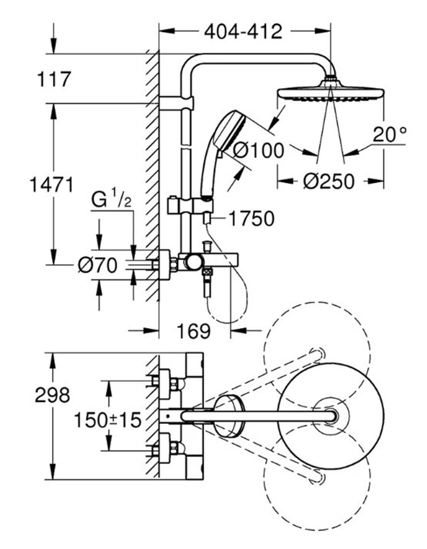 System prysznicowy Grohe Tempesta Cosmopolitan System 250 26672000 rys techniczny