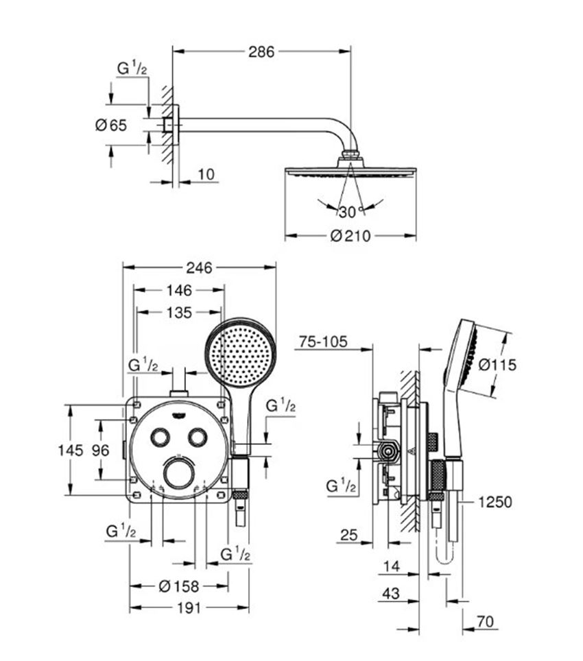 Zestaw prysznicowy Grohe Rainshower SmartActive 310 34743000 rys techniczny