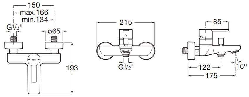Bateria wannowa Roca Targa A5A025FSM0 rys techniczny