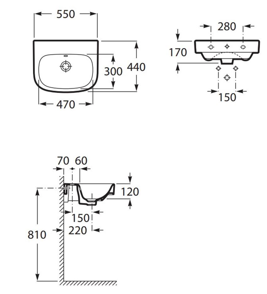 Umywalka ścienna Roca Optica A32599500N rys techniczny