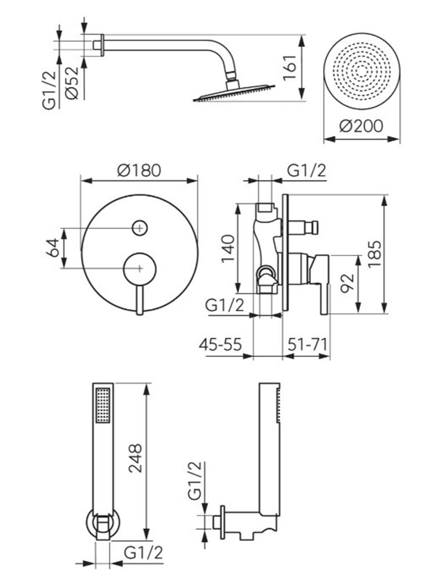 Zestaw prysznicowy Ferro Ciriculus BCK7PGM-SET1-S rys techniczny