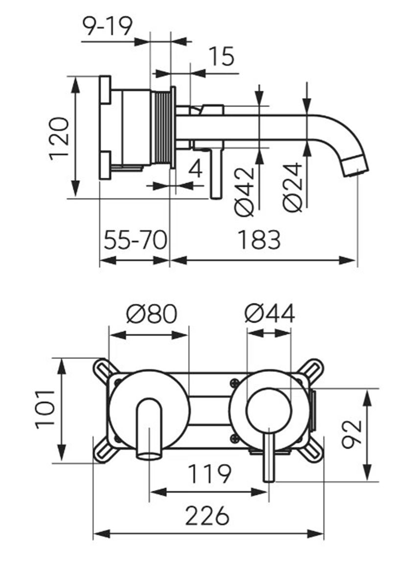 Bateria umywalkowa Ferro Ciriculus BCK3PABG rys techniczny