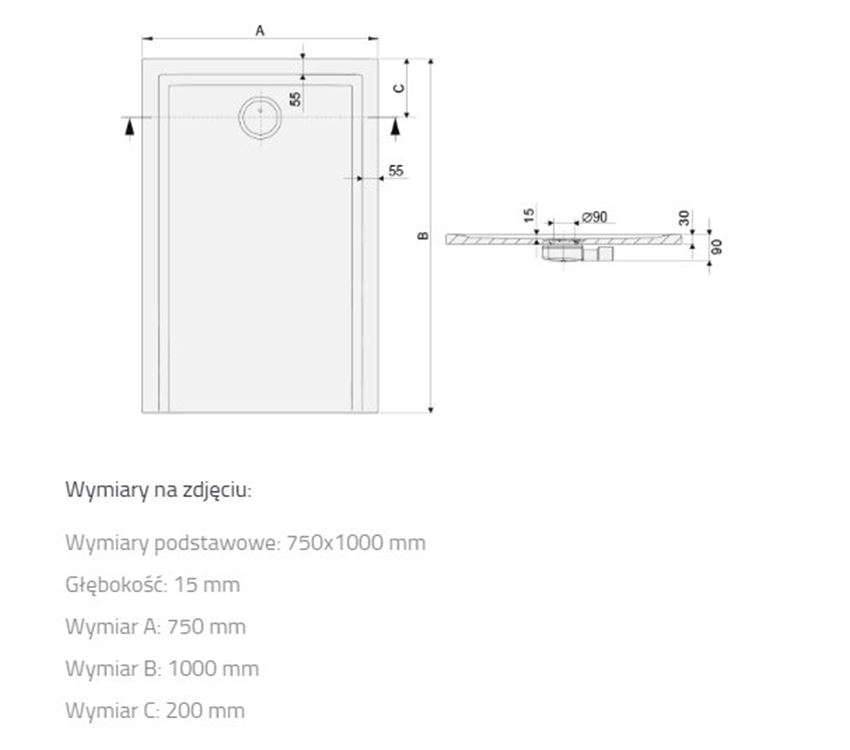 Brodzik prostokątny Sanplast Space Mineral 645-410-0230-01-000 rys techniczny