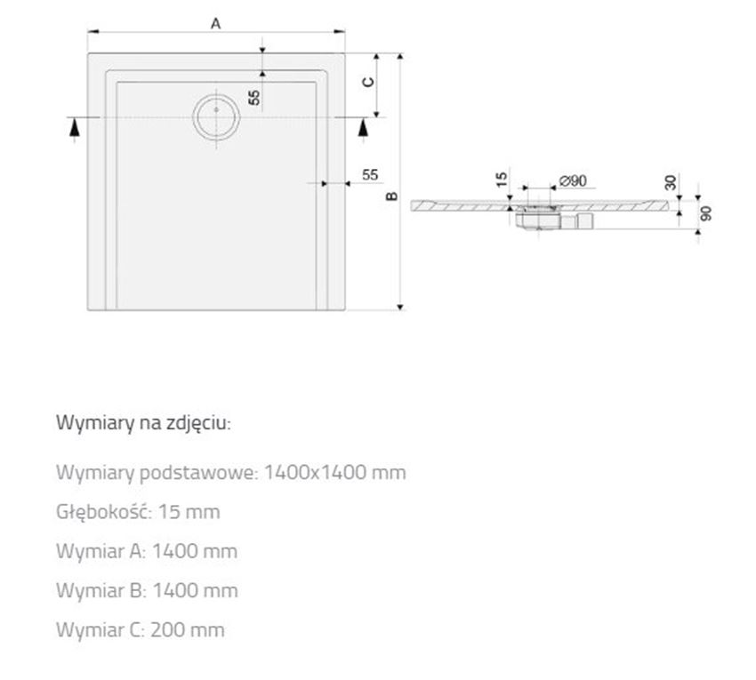 Brodzik kwadratowy Sanplast Space Mineral 645-410-0080-01-000 rys techniczny