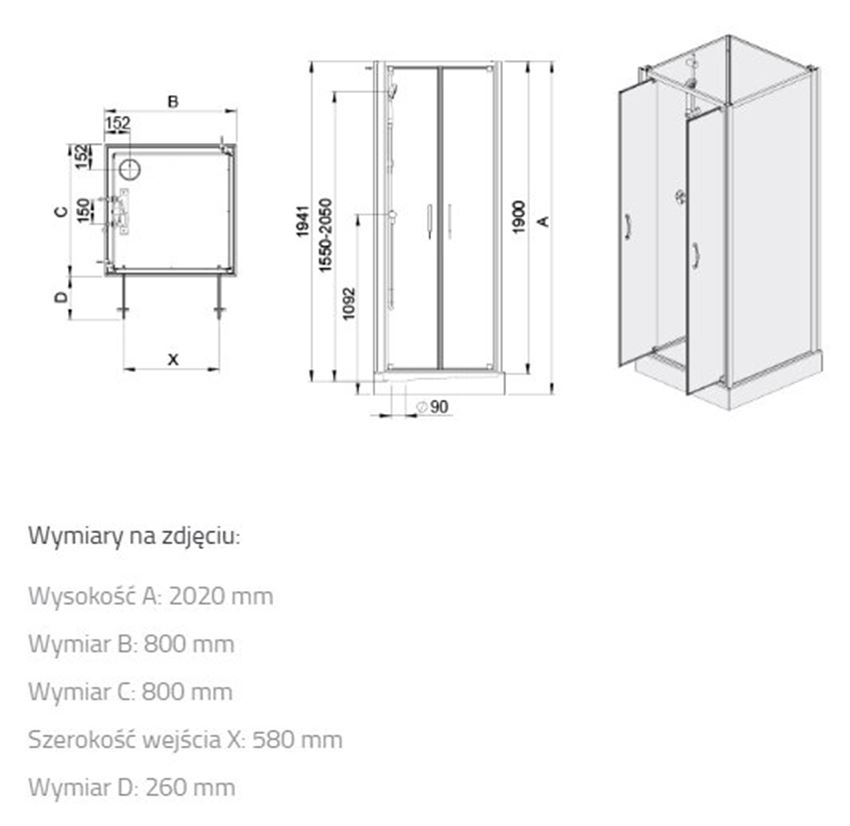 Kabina Sanplast Basic Complete 602-460-0420-01-2B0 rys techniczny