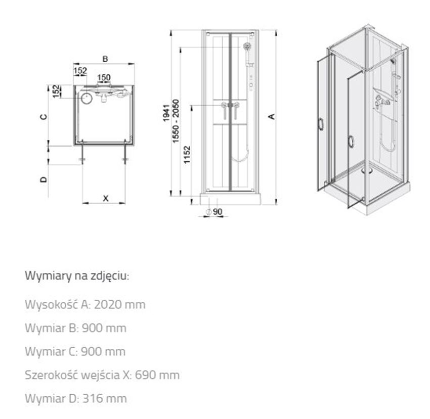 Kabina prysznicowa Sanplast Basic Complete 602-460-2430-01-4H0 rys techniczny
