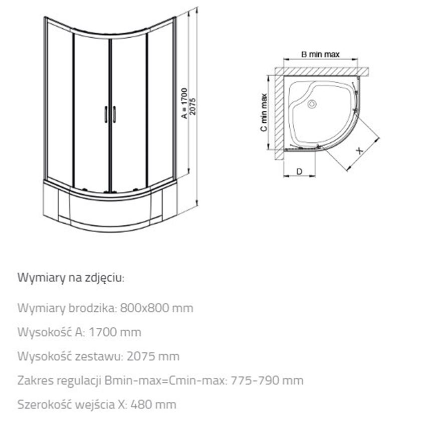 Kabina narożna Sanplast Fris 602-331-0350-38-180 rys techniczny
