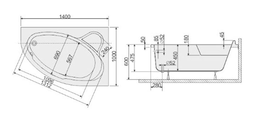 Wanna asymetryczna Sanplast Comfort 610-060-0200-01-000 rys techniczny
