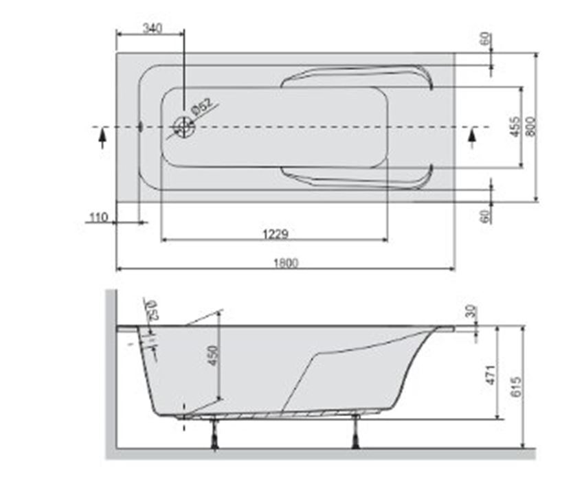 Wanna prostokątna Sanplast Modesta 610-340-0270-01-000 rys techniczny