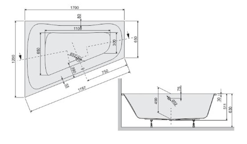 Wanna trapezowa Sanplast Luxo 610-370-0420-01-000 rys techniczny