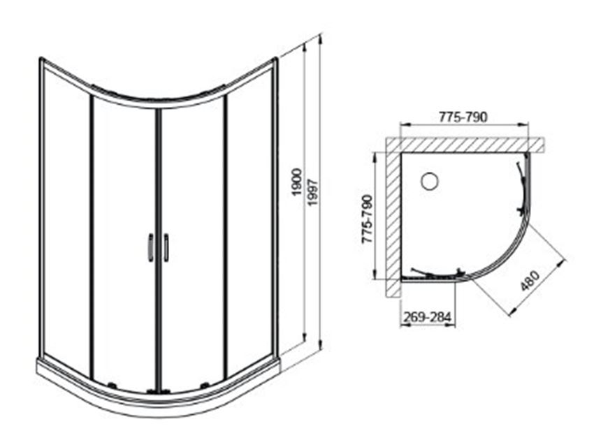 Kabina z brodzikiem Sanplast Fris 602-331-3250-38-400 rys techniczny