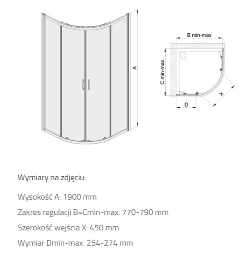 Kabina narożna Sanplast Basic 600-450-0250-38-200 rys techniczny