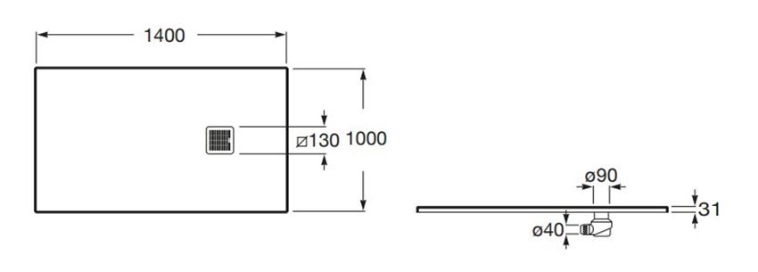 Brodzik prostokątny Roca Terran AP1015783E801640 rys techniczny