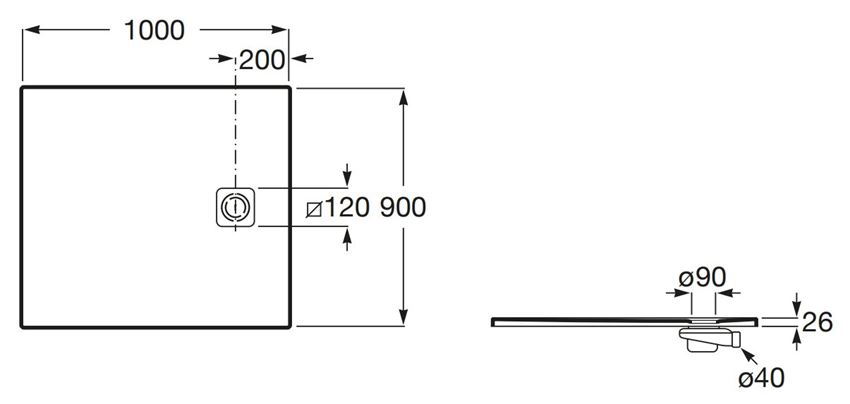 Brodzik prostokątny Roca Magma APE013E838403650 rys techniczny