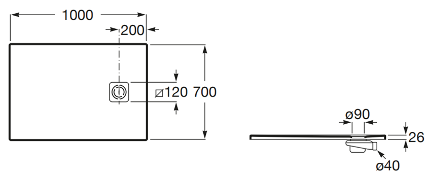 Brodzik prostokątny Roca Magma APE013E82BC03100 rys techniczny