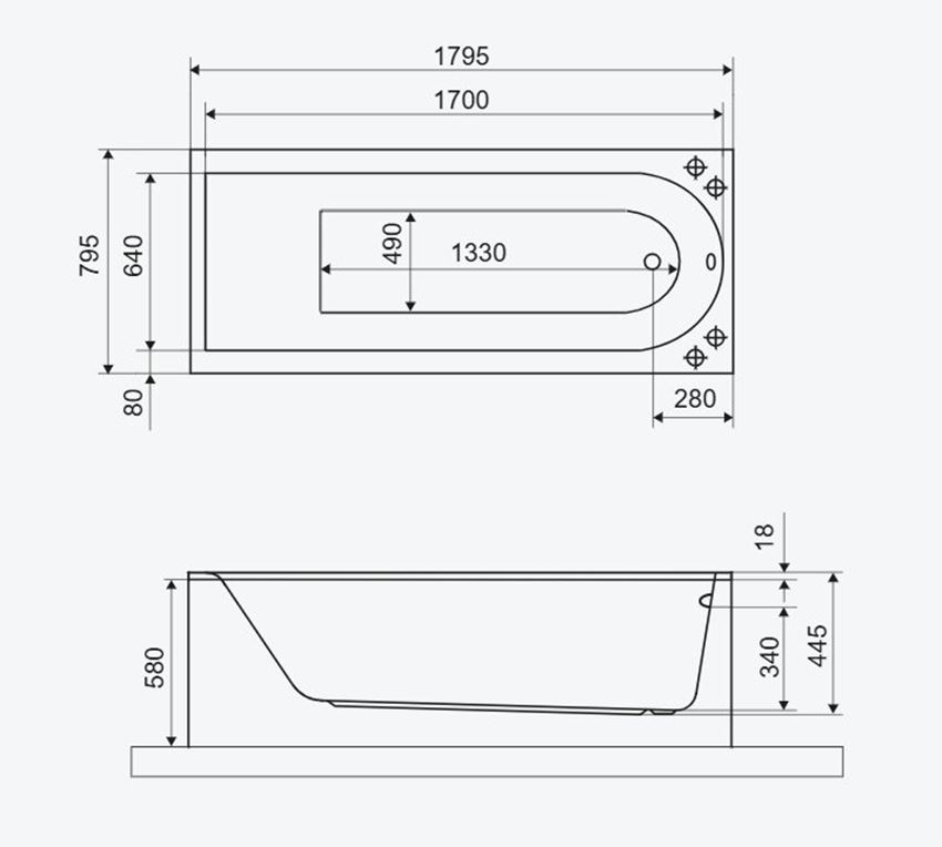 Wanna prostokątna Excellent Aurum Slim WAEX.AUR18WHS rys techniczny