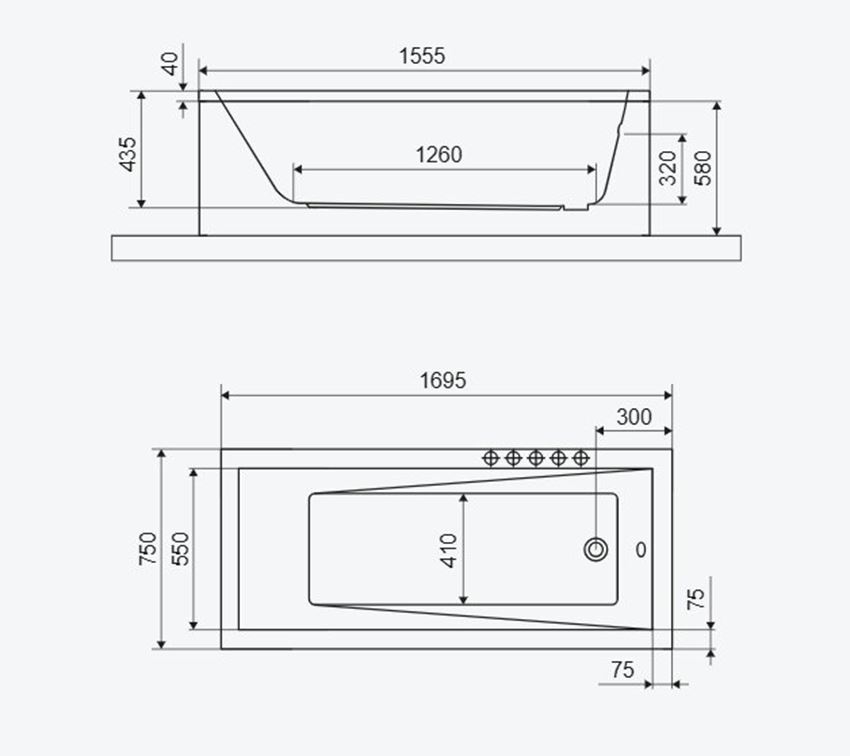 Wanna prostokątna Excellent Wave WAEX.WAV170.75WH rys techniczny