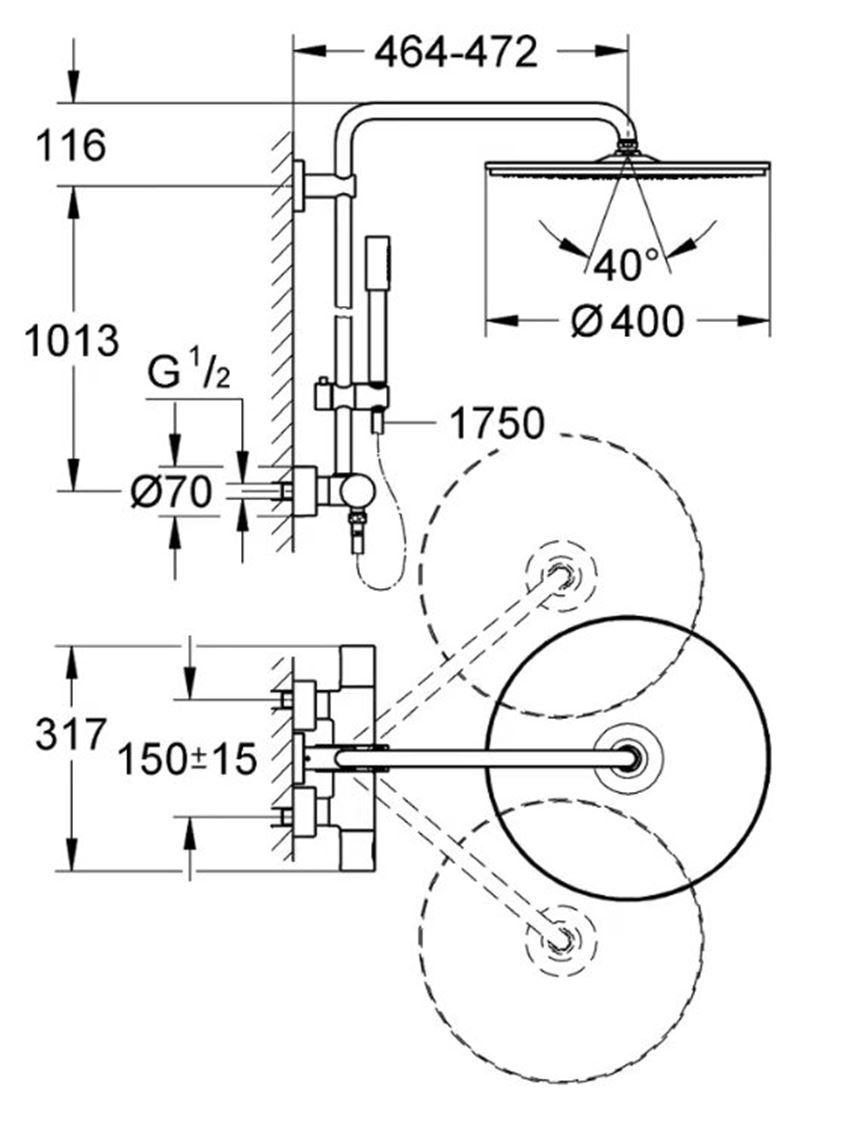System prysznicowy Grohe Rainshower System 400 27174001 rys techniczny