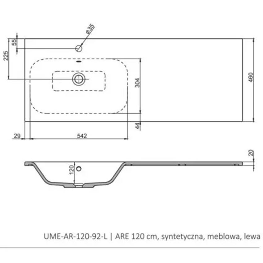 Umywalka meblowa,121x46 cm, biała Oristo Are rysunek