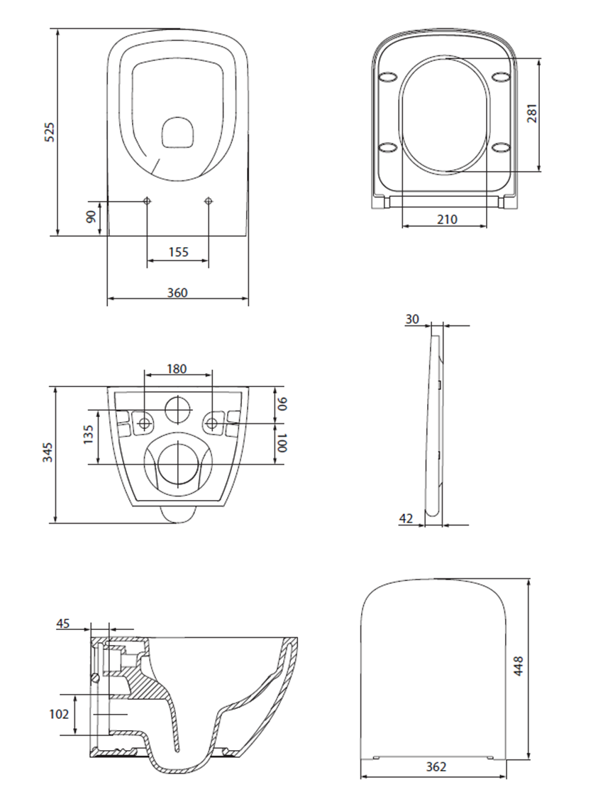 SET C198 Miska podwieszana Pro Square z deską Slim wolnoopadającą biała Cersanit Zen rysunek