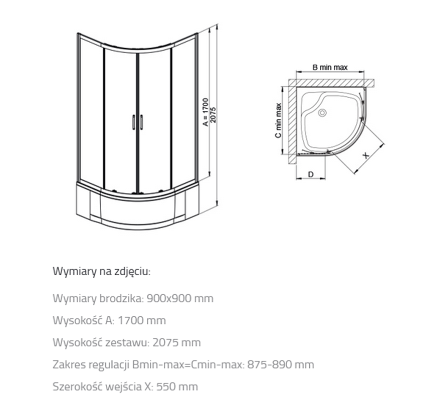 Kabina narożna półokrągła z brodzikiem 90x90 cm Sanplast Fris rysunek