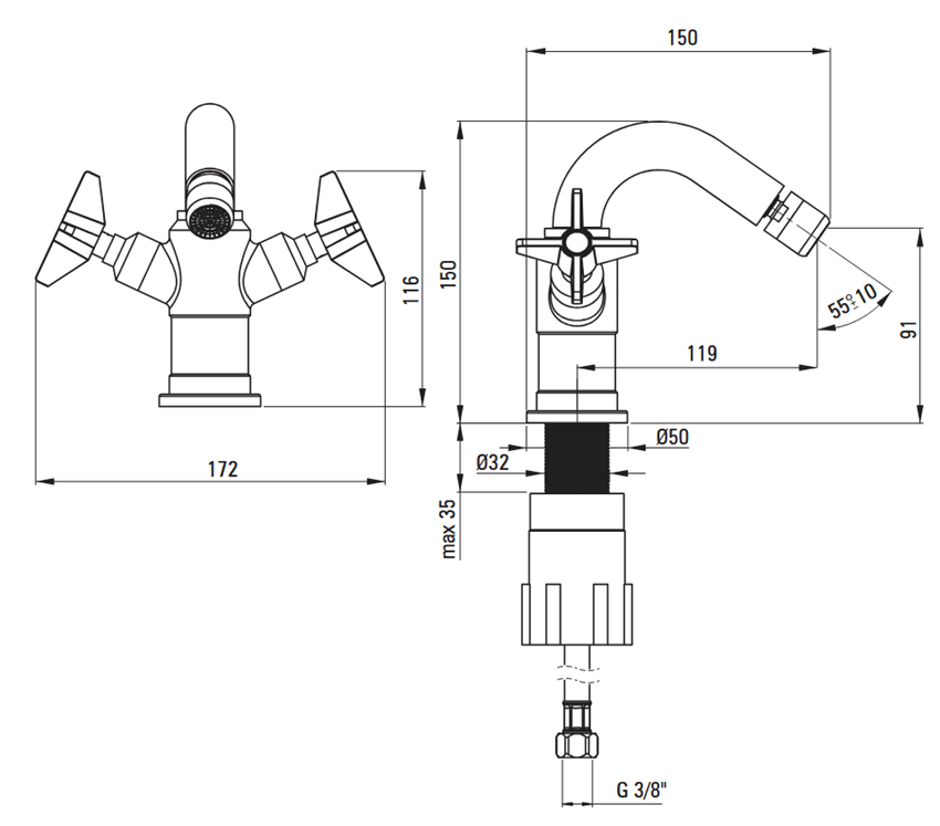 Bateria bidetowa stojąca Deante Temisto rysunek