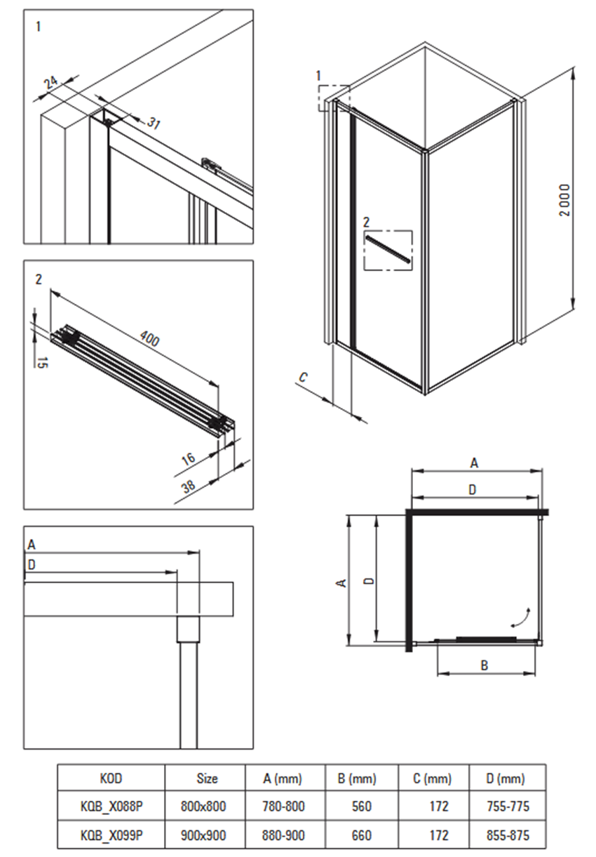 Kabina kwadratowa 80x80x200 cm Deante Blur rysunek