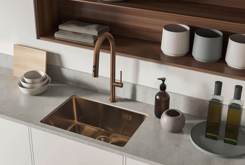 Bateria kuchenna z wyciąganą wylewką 2 rodzaje strumienia brąz szczotkowany Deante Olfato