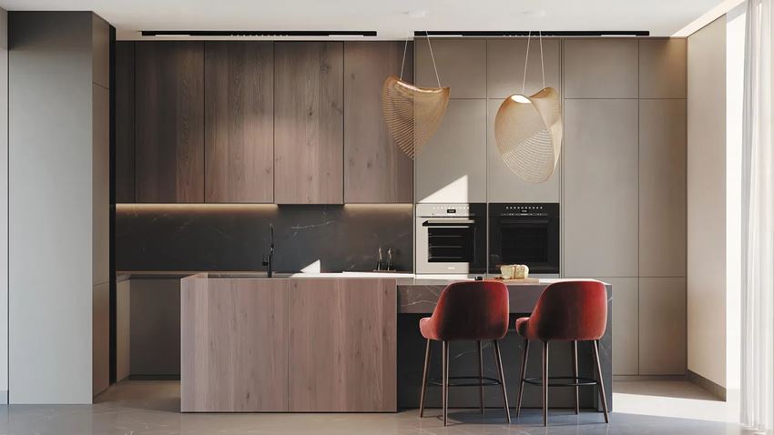 Beżowo-brązowa przestronna kuchnia z wyspą