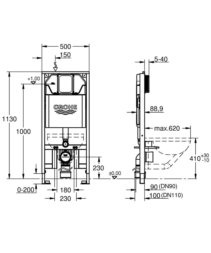 Stelaż podtynkowy do WC ze zbiornikiem spłukującym 88,9 mm wysokość instalacji 1,13 m Grohe Rapid SL Slim rysunek