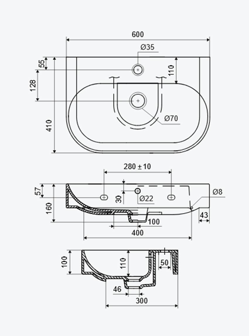 Umywalka ścienna/nablatowa 60 cm biały połysk Excellent Oceana rysunek