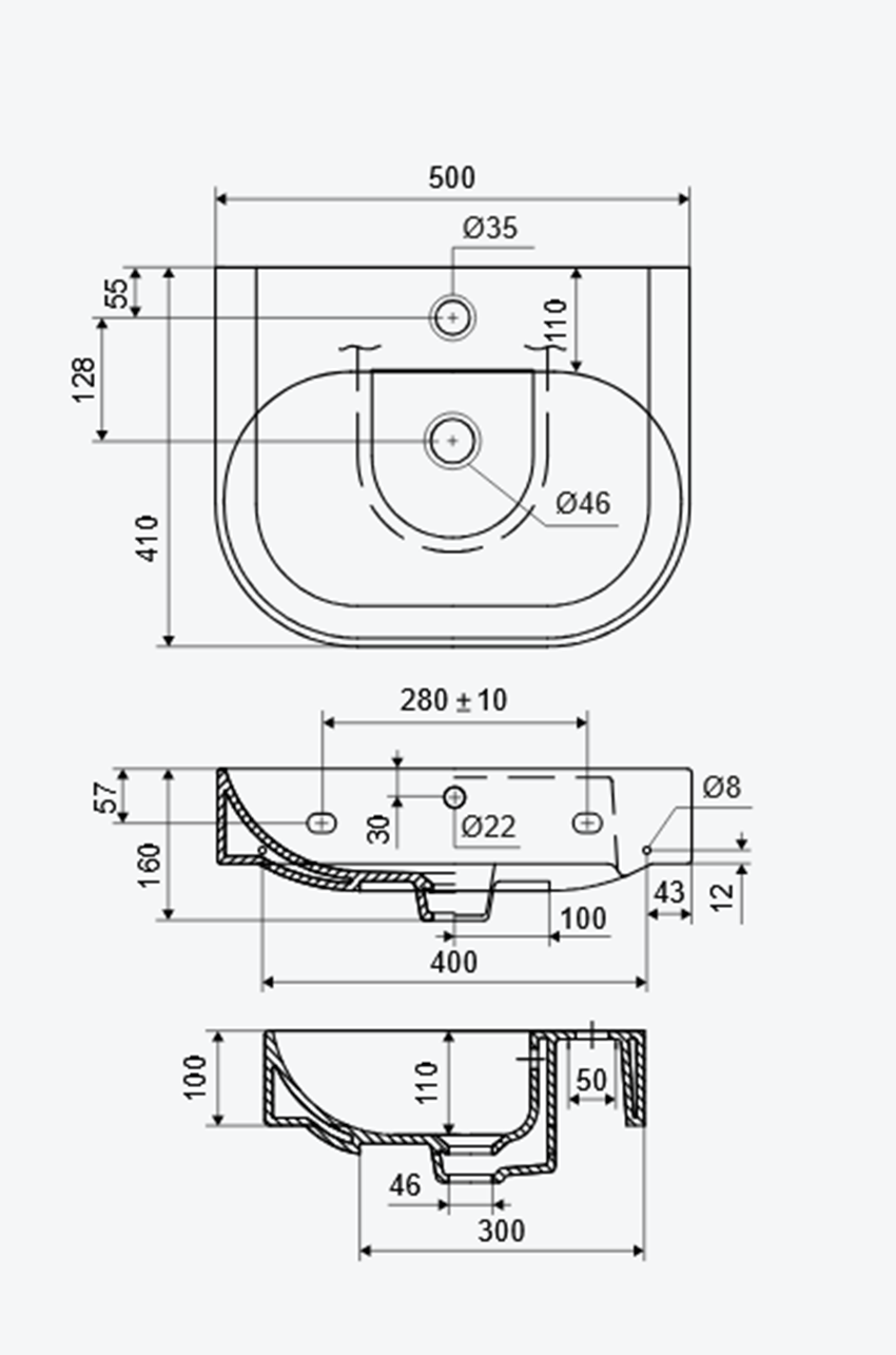 Umywalka ścienna/nablatowa 50 cm biały połysk Excellent Oceana rysunek