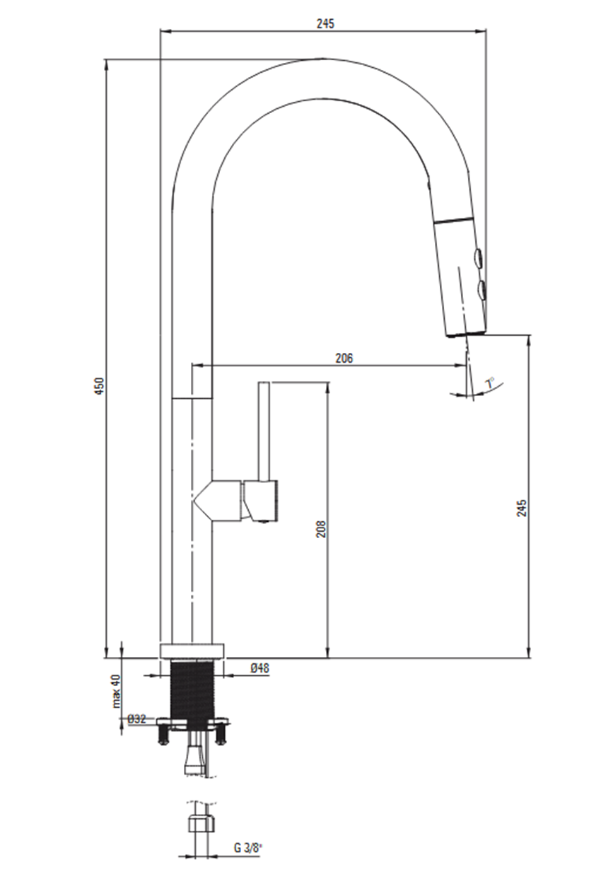 Bateria kuchenna z wyciąganą wylewką 2 rodzaje strumienia Deante Olfato rysunek