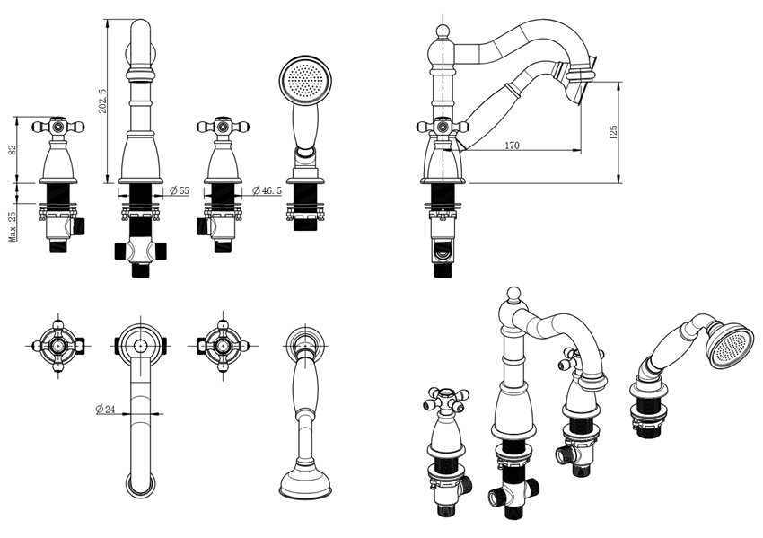 Bateria wannowa 4-otworowa FDesign Lacrima rysunek