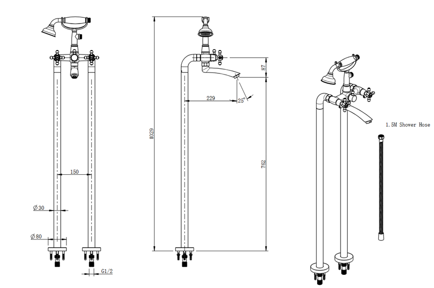 Bateria wannowa wolnostojąca z kompletem natryskowym FDesign Lacrima rysunek