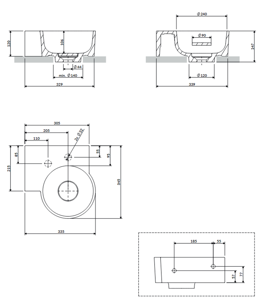 Umywalka nablatowa/wisząca - lewa 33x34 cm Omnires Ovo rysunek